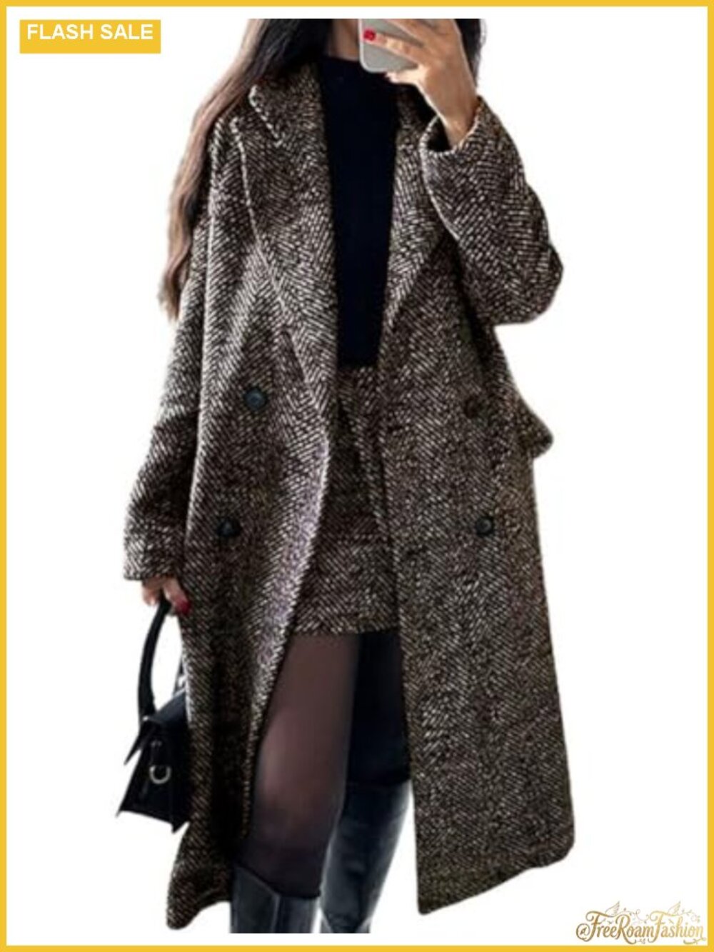 Womens Wool Pea Coat Double Breasted Herringbone Notch Collar Long Winter